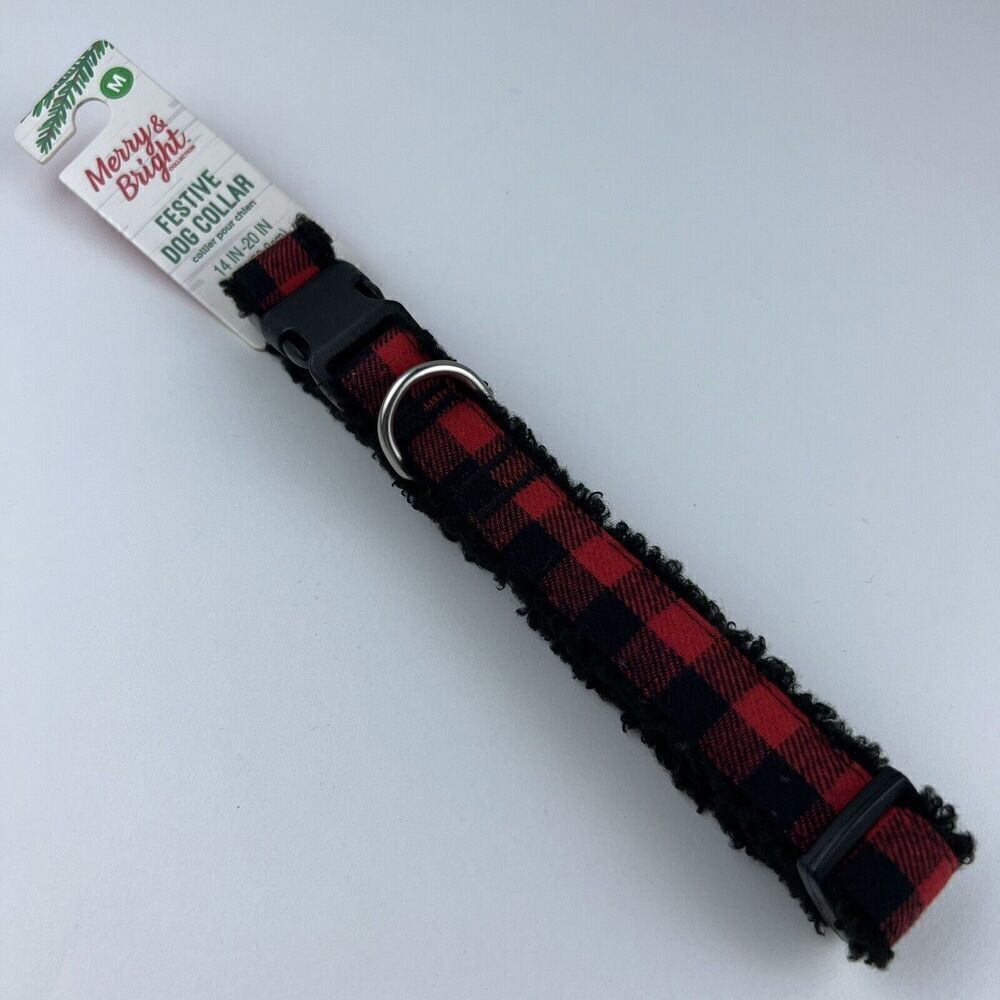 Merry & Bright Adjustable Holiday Themed Dog Collar.  Red & Black Plaid Size M